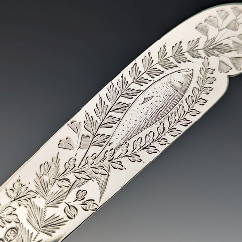 Circa 1865 British antique sterling silver handle fish cutlery pair JB